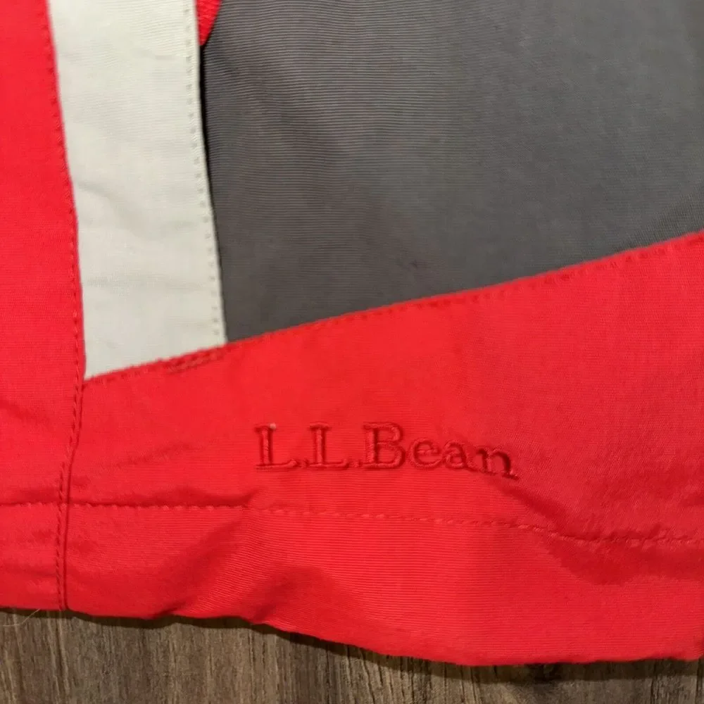 LL Bean Jacket Youth M10-12 Red‎ Gray Hooded Waterproof Shell  Item 277662